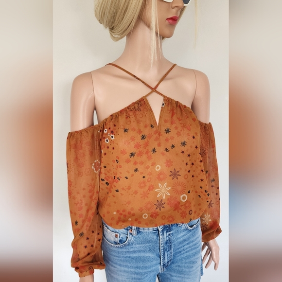 ZARA BROWN FLORAL LIGHTWEIGHT CRISS CROSS OF THE SHOULDER CHIFFON BLOUSE TOP XS - Picture 4 of 11